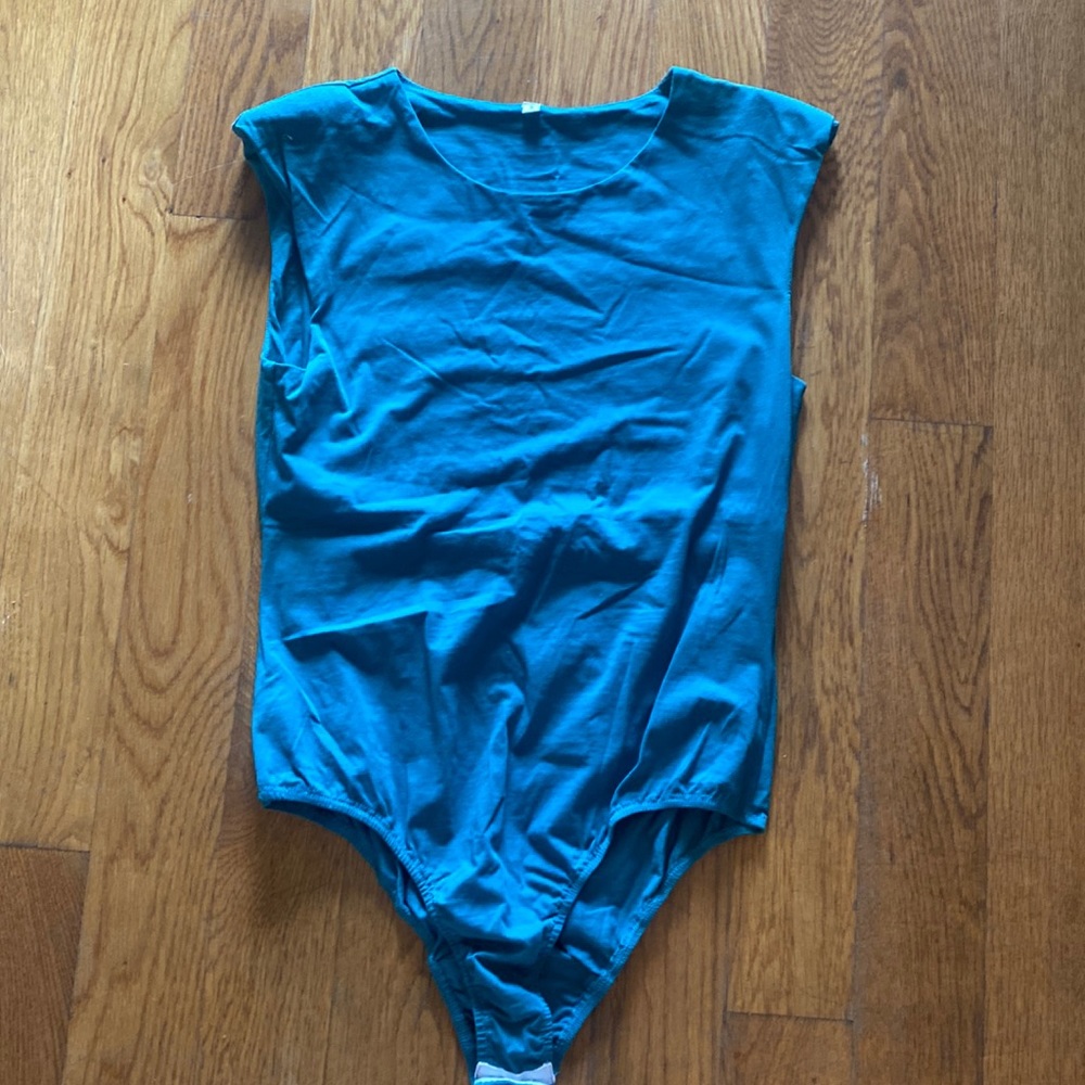 Teal short sleeve body suit with padded shoulders
